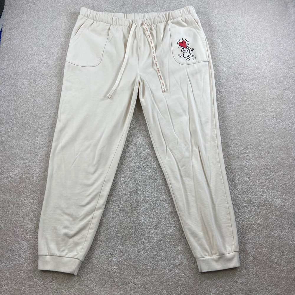 Keith Haring Joggers Women XL Cream Heart Graphic Fleece Sweatpants